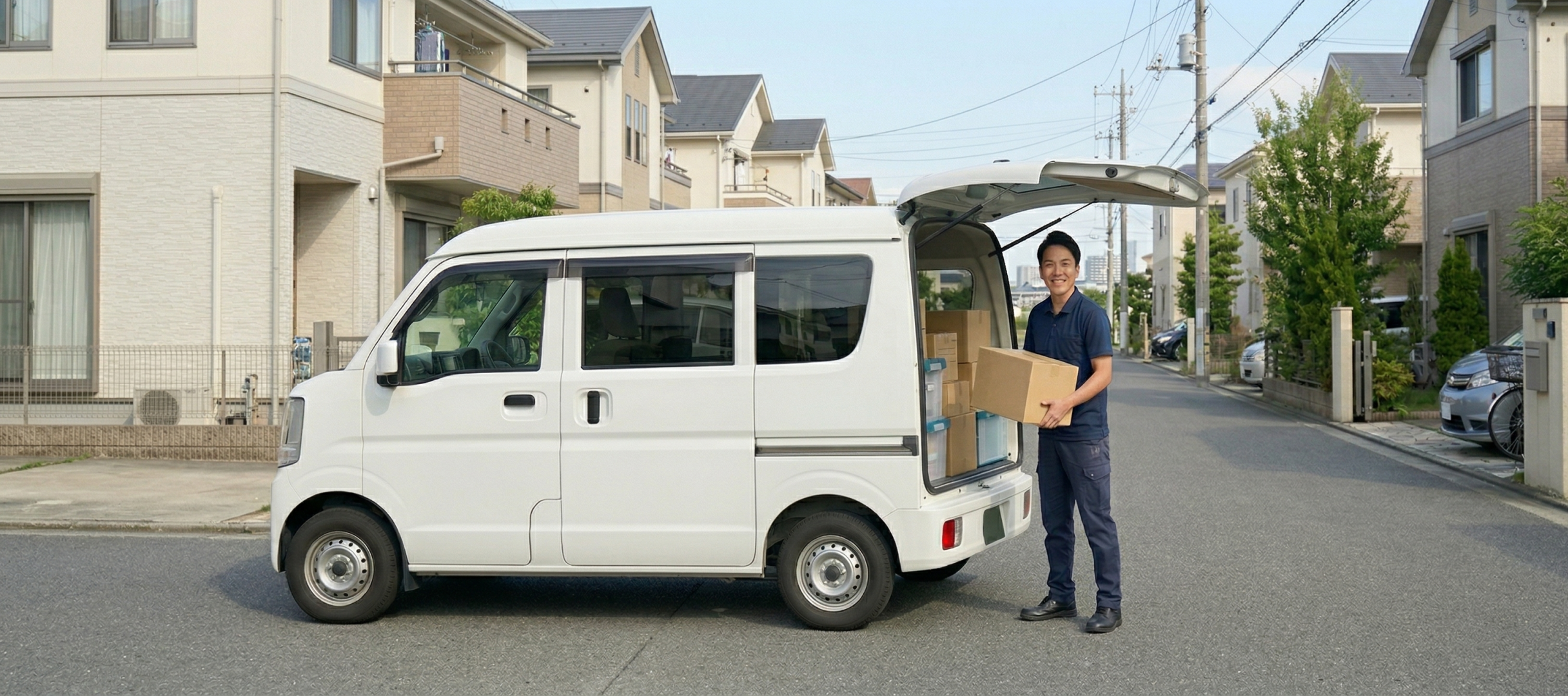 軽貨物ドライバーが住宅街で荷物を配送しているシーン